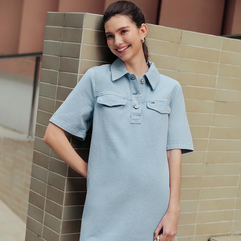 Tommy Hilfiger Cotton Vintage Distressed Work Style Half Placket A-Line Doll Dress Short Sleeve Women dresses DW0DW22349