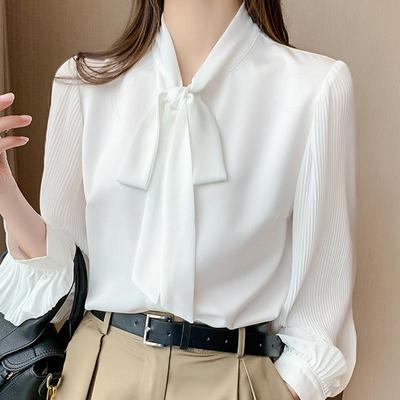 Mode Langarm Bogen Kragen Weiß Chiffon Bluse Shirt Frauen Tops J199