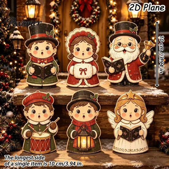 Decorative Christmas Scene Set 6Pcs Wooden Tabletop Signs, Xmas Sign Decor, Santa Winter Holiday Home Accents Snowman Reindeer Gingerbread House