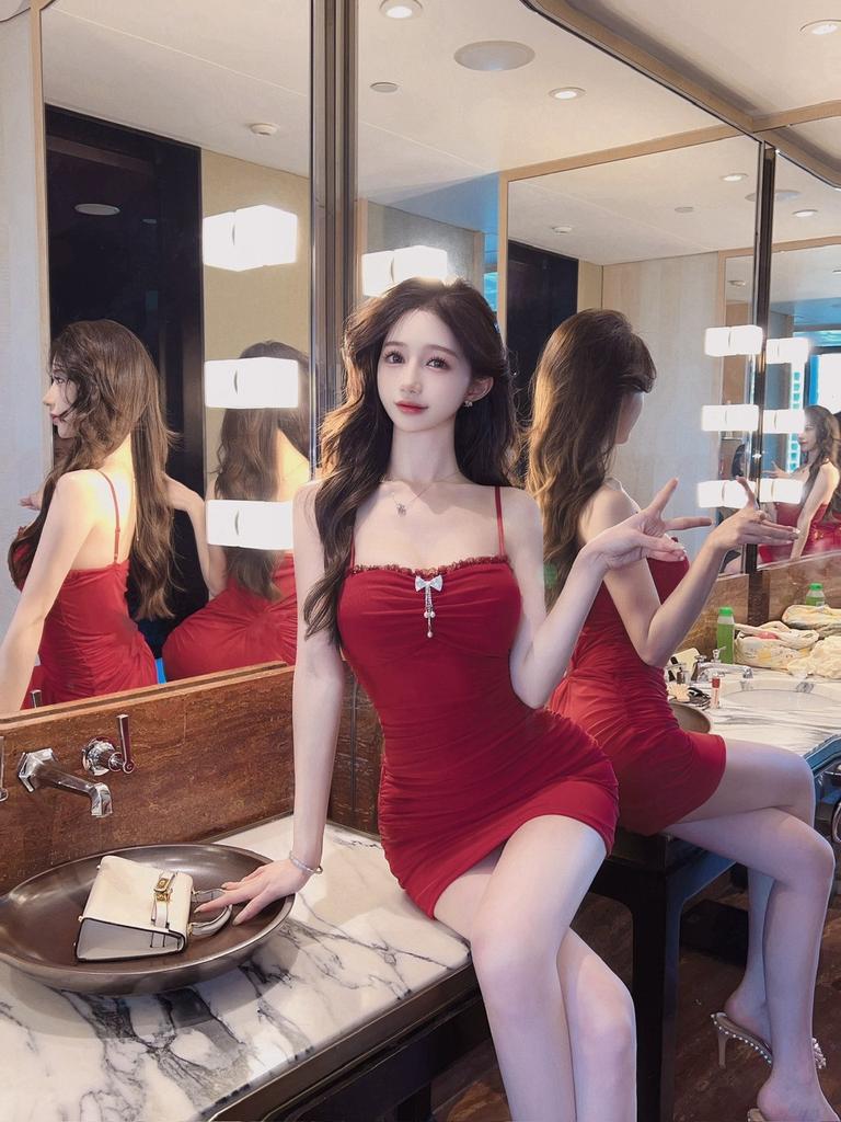 Wind sexy pure desire dress mesh lace one word suspender tight hip wrap short skirt solid color versatile