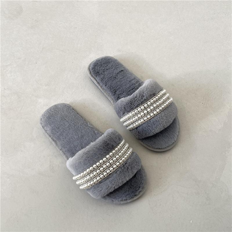 Cotton Slippers Women's Winter New Pearl Indoor Ins Home Household One-word Warm and Non-slip Maternity Plush Slippers