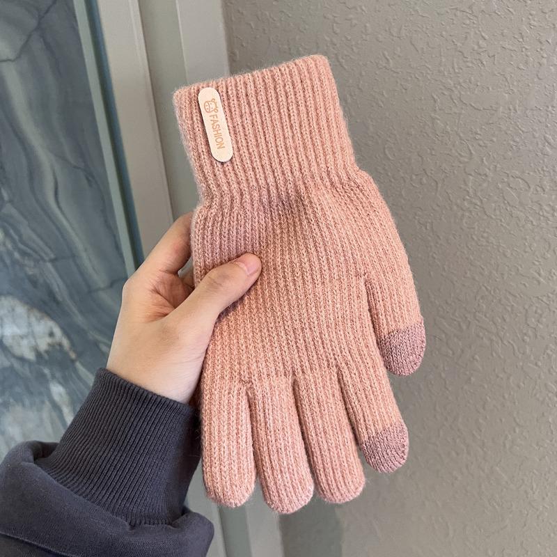 Women's winter touch screen gloves, piled and thickened warm cycling cold-proof wool knitted outdoor men's five-finger gloves