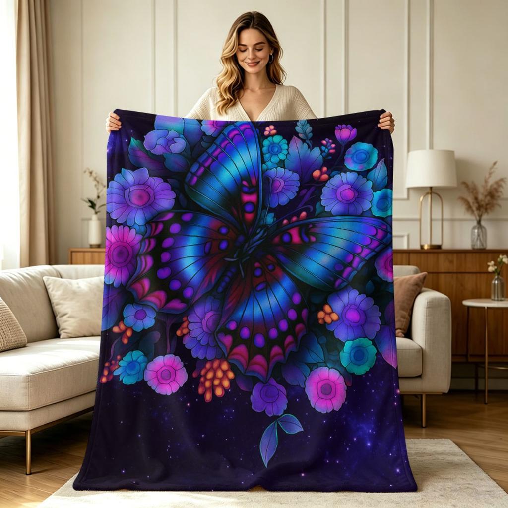 All Season Flannel Blanket with Galaxy Butterfly Floral Print Soft Warm Throw Blanket for Couch Sofa Bedroom Office Living Room Home Decor