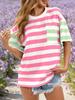 Womens Striped Color Block T Shirt Oversized Short Sleeve Loose Summer Top