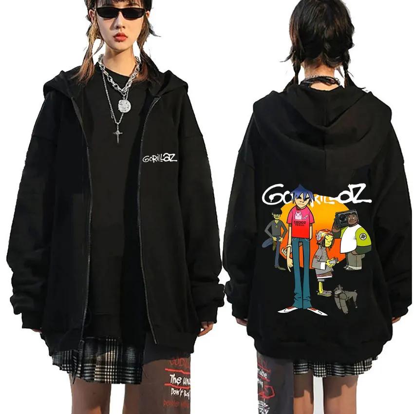 Anime Rock Band Gorillaz Demon Days Eyes Graphic Zipper Hoodie Men Hip Hop Fashion Oversized Zip Up Jacket Unisex Zip Up Sweatshirt