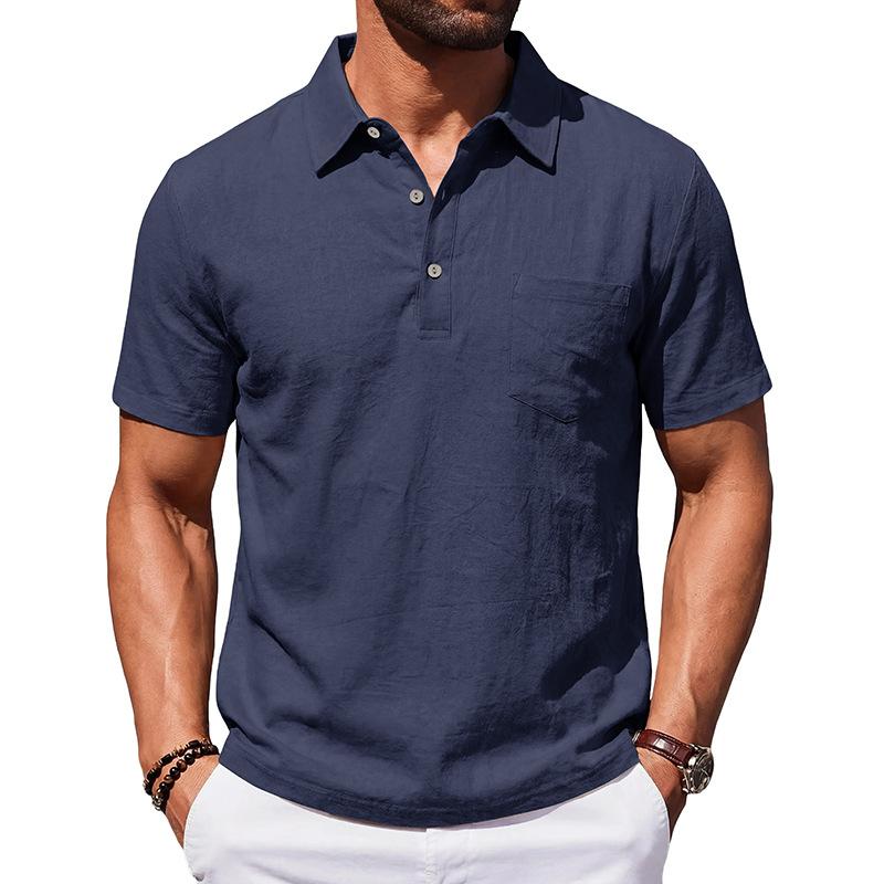 Men Loose Casual Short Sleeve Linen Blend Polo Shirt For Daily Beach Wear