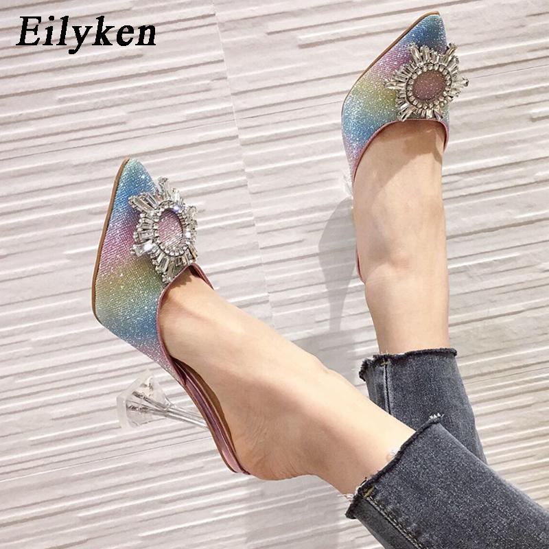 Fashion Eilyken Rhinestone Women Pumps Sandals Elegant Pointed Toe Bling Crystal Perspex Heeled Mule Stripper Shoes Zapatos Mujer