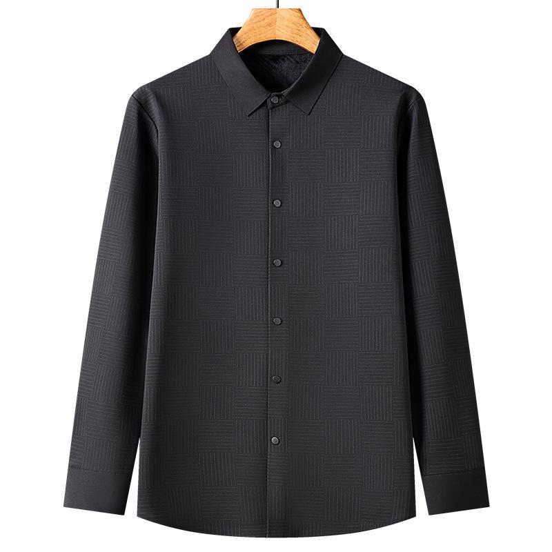 Autumn and Winter Men's Long-sleeved Fleece Shirt with Lapel Casual Form-fitting Striped Shirt for Men