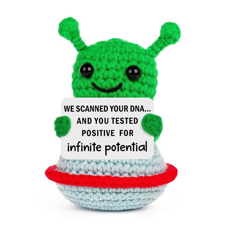 Funny Alien Crochet Doll With Cards Positive Energy Crocheted Earth Desktop Ornament Handmade Knitted Cow Doll  Home Room Decor