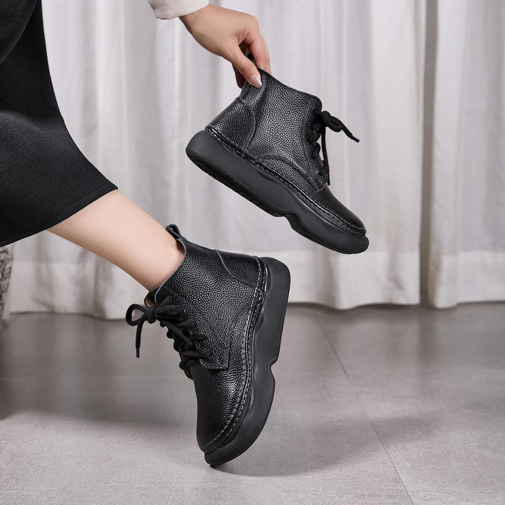 Single Leather Martin Boots Women's Soft-soled Soft-faced British Retro Casual Shoes Lace-up Large-size Short Boots