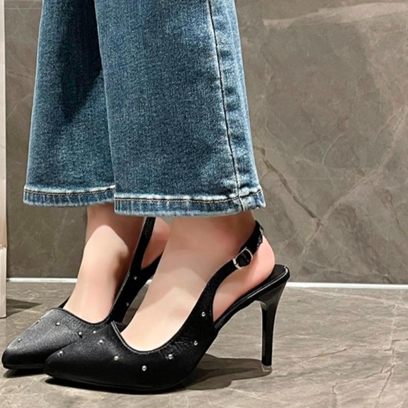 Women's Pointed Head Shallow Mouth Rivet Metal Buckle A Line with Anti-slip Wear-resistant High Heels