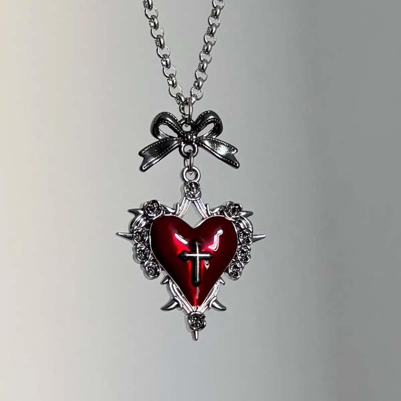 Collier Pendentif Cœur Croix Épineuse Géométrique Pour Femmes Unique Rétro Doux Nœud Papillon Chaîne de Clavicule Style Gothique Punk Bijoux Cadeau