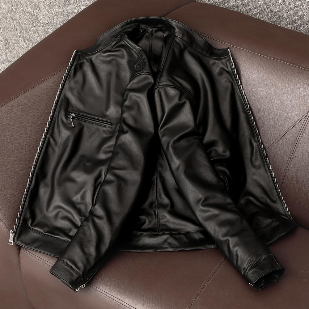 New Korean Style Stylish Simple Genuine Sheepskin Leather Jacket Men Short Stand Collar Casual Coat