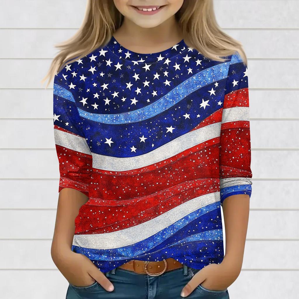 Druckoberteile für junge Mädchen 3-10 Jahre Rundhals 3/4-Ärmel T-Shirts Trendige Oberteile Outfit T-Shirts