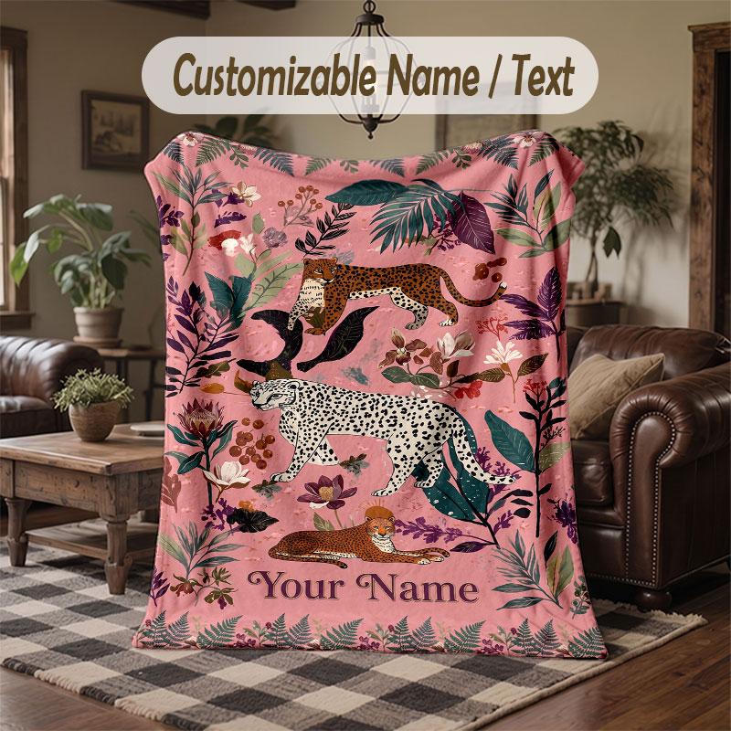 Lion Tiger Leopard Theme Throw Blanket Custom Name Text Personalized Blanket Soft Cozy Blanket for Home Sofa Bed