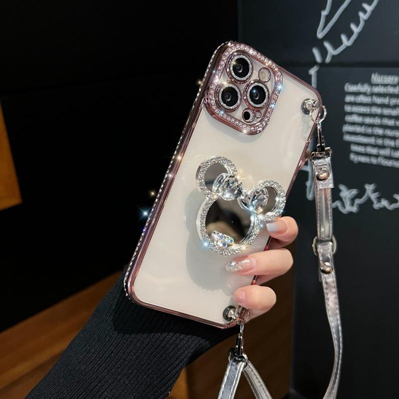 

Подходит для чехла для мобильного телефона Apple 16 Promax iPhone 14 Мультяшный зеркальный кронштейн 13 Новый женский 12 Веревка через плечо 15 iPhone 12promax