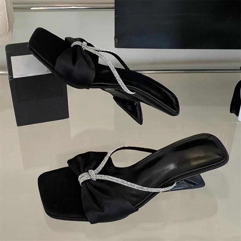 Eilyken 2025 New Summer Design Crystal Butterfly-knot High Heels Women Slippers Square Toe Party Dress Slides Shoes