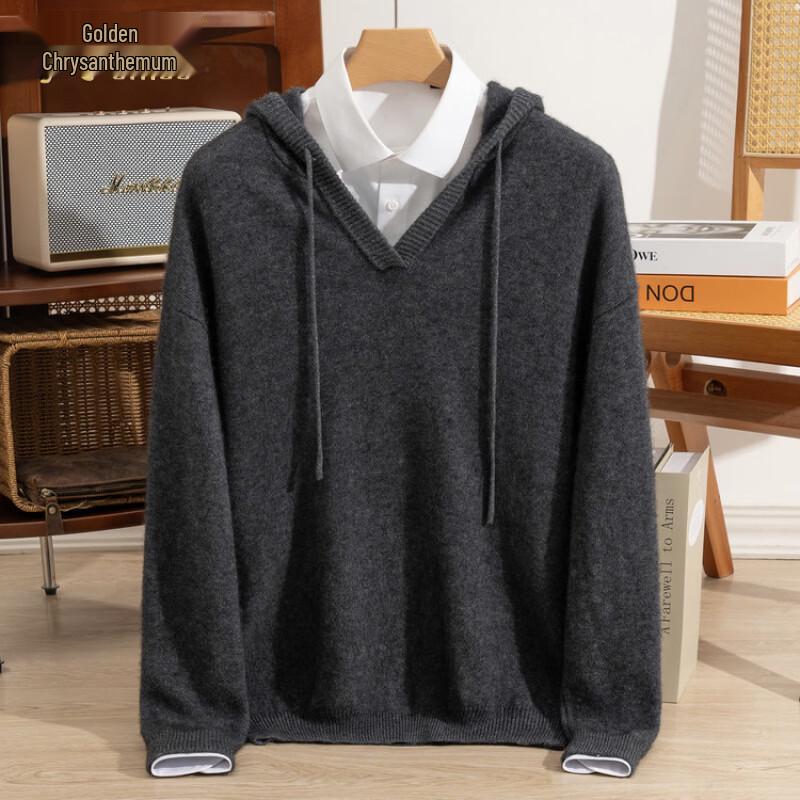 Men's Warm Hooded Wool-Cashmere Blend Knit Sweater