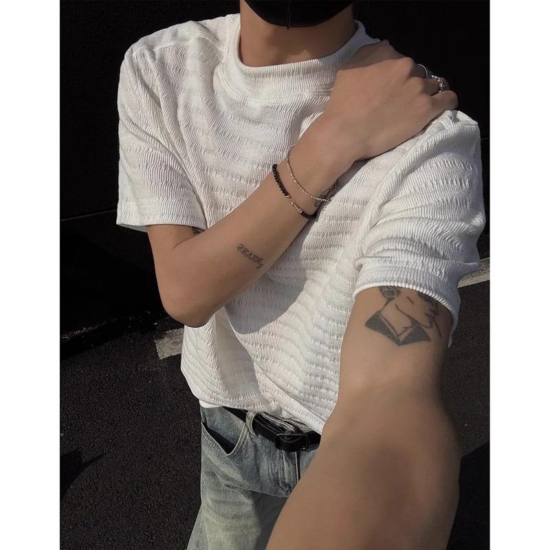 Men's Black Wfle Knit Crew Neck T-Shirt Casual Oversized Short Sleeve Top