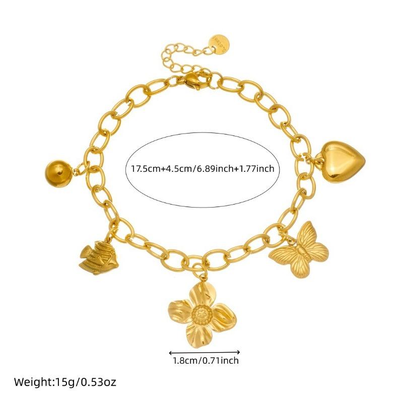 Gold Multi Charm Paperclip Chain Bracelet with Heart Butterfly and Flower