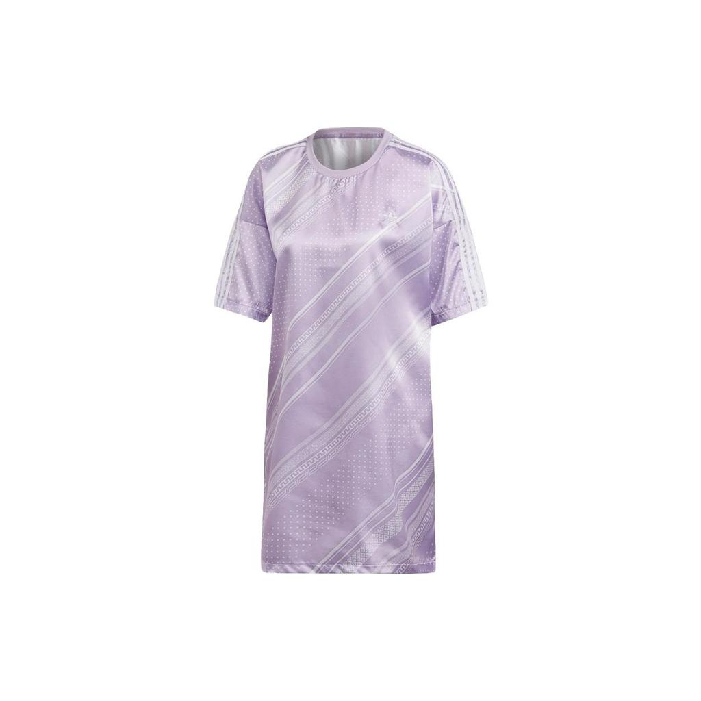 Adidas Originals Trefoil Striped Print Loose Fit Round Neck Comfortable Breathable Casual Sports Short Sleeve Dress Women Dresses Purple DV2638