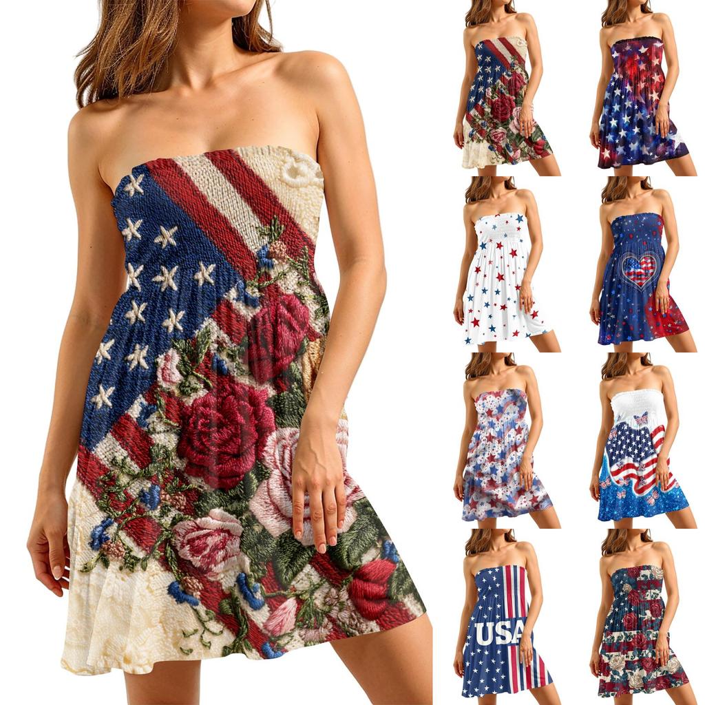 Women’s Casual Strapless Sleeveless Dress with Independence Day Print Suitable for Summer Outdoor and Daily Wear