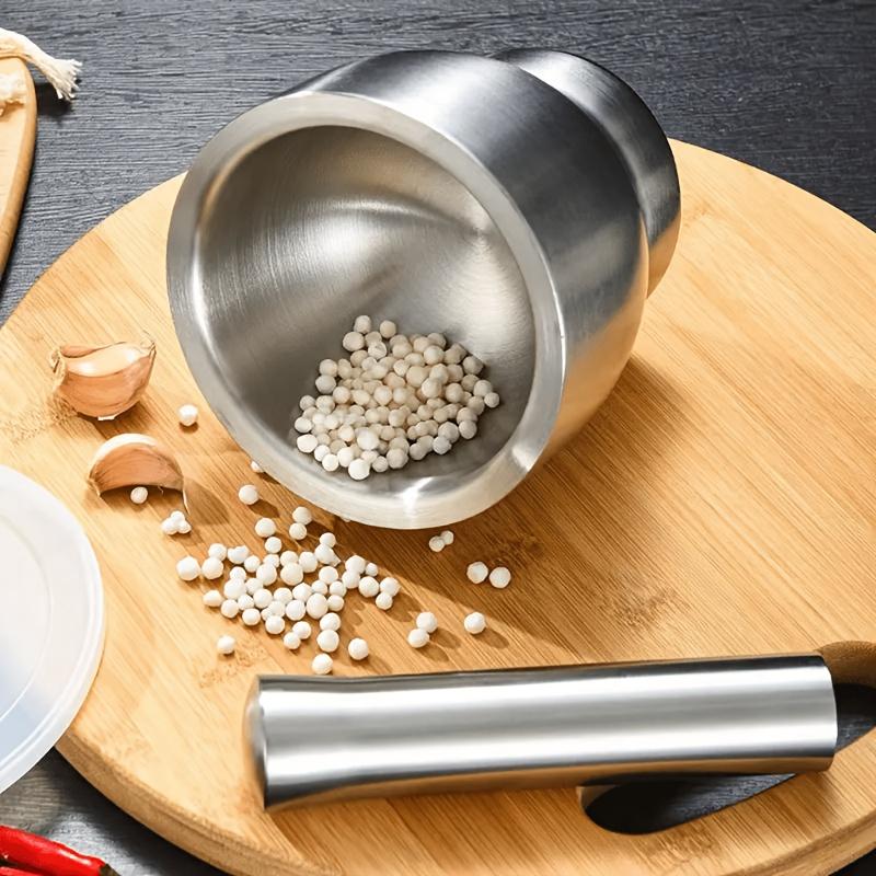 3 Pc 304 Stainless Steel Garlic Press Mortar with Lid Manual Grinder for Home Garlic Paste and Medicine Grinding