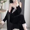Golden Velvet Pajamas Women's Autumn and Winter Senior Sense with Chest Pads Three-piece Set, Spring and Autumn Sexy Lace Suspender Nightgown Set