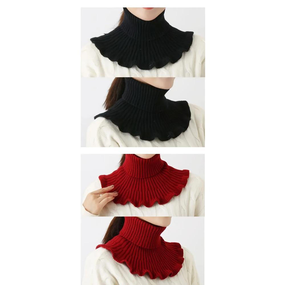 1PC Fashionable Black and White Knitted False Neck Scarf - Soft, Thick, and Warm, with Elegant Ruffle Edge Design for Women