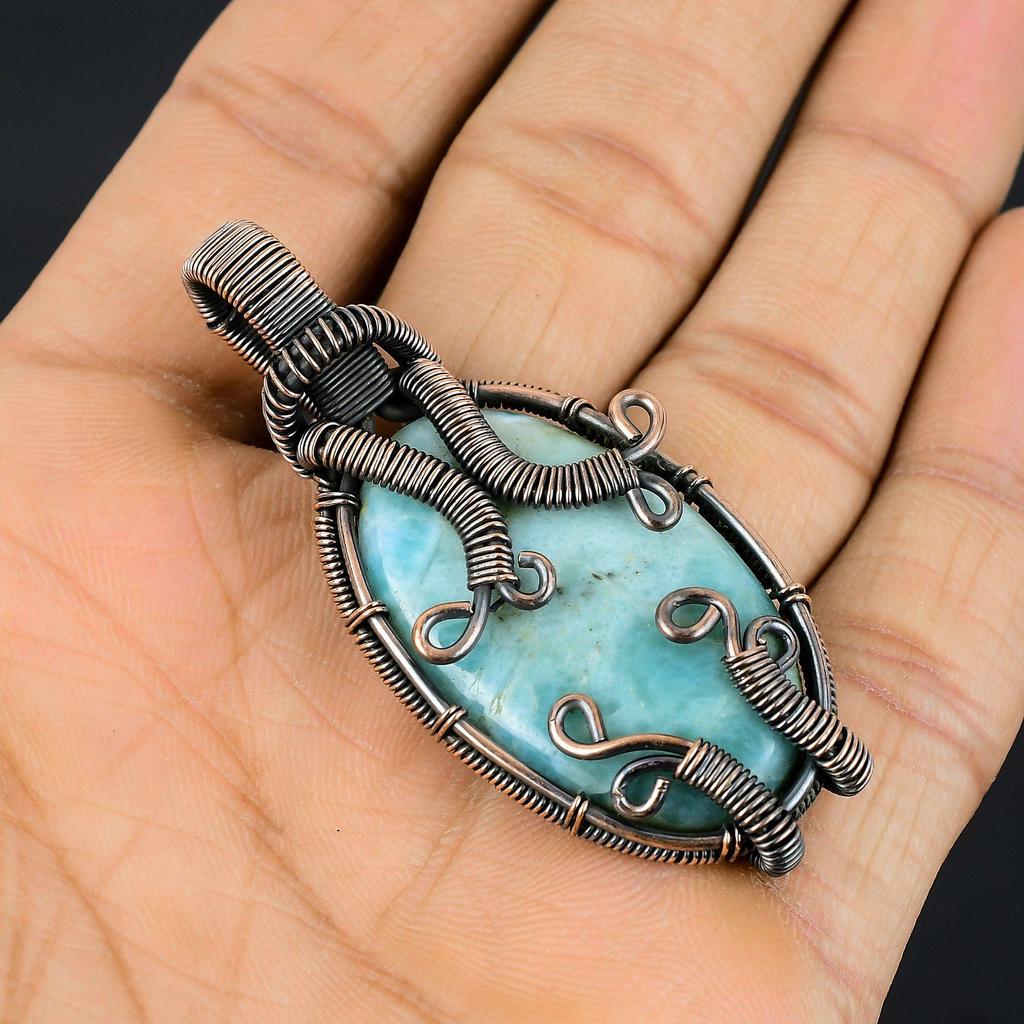 Larimar Pendant Gemstone Jewelry, 999 Copper Wire Wrapped Pendant, Handmade Jewelry Birthstone Pendant, Gift For Him
