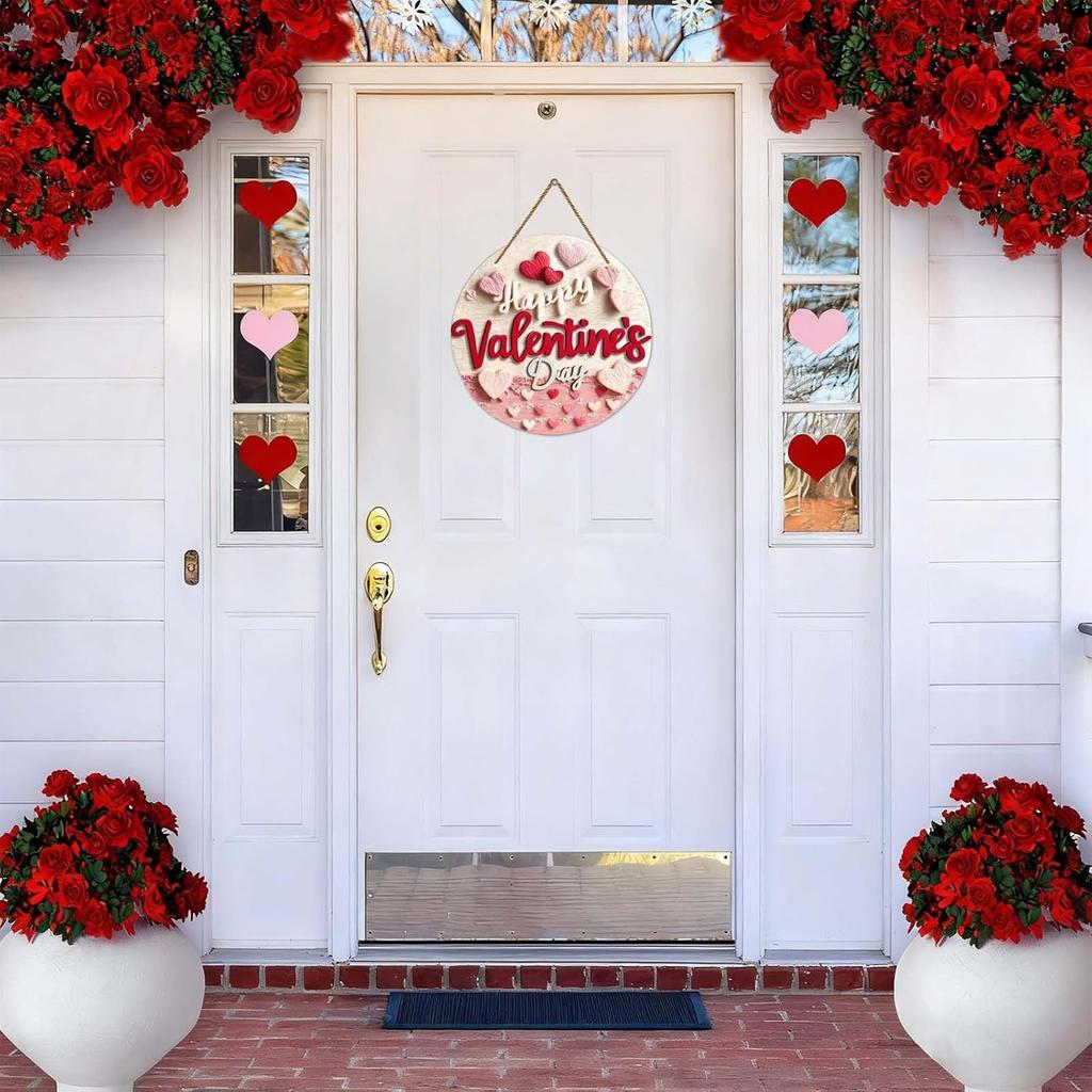Happy Valentine's Day Welcome Door Sign Valentine's Day Hanging Sign Valentine Wreaths for Front Door Red Pink Love Hearts Door Hanger Indoor Outside