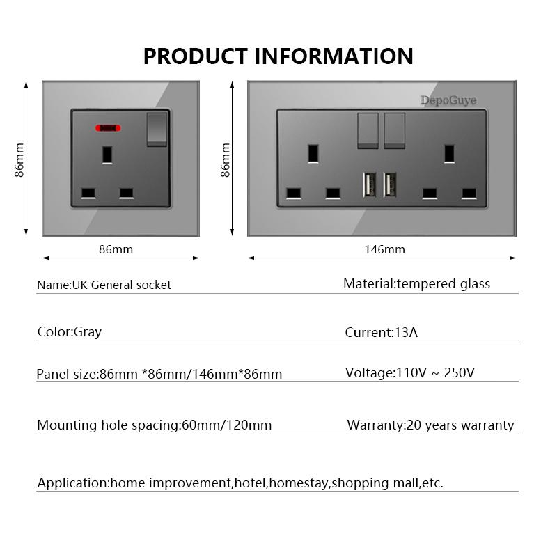 UK 13A 220V Dual Outlet with 18W Type-C Quick Charge,1/2 Way Light Switch Panel, Tempered Glass Surface,Wall Socket for TV/Phone