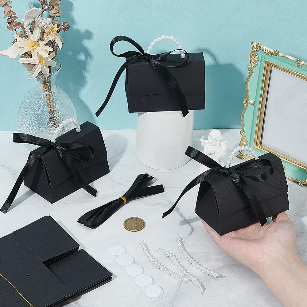 16sets Foldable Paper Wedding Candy Totes with Plastic Imitation Pearl Round Beaded Handle and Ribbon Handbag Shape Black