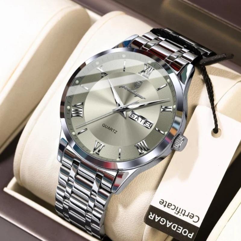 POEDAGAR Luxury Fashion Men Clock Waterproof Luminous Week Date Sports Wristwatch Stainless Steel Quartz Watches Reloj