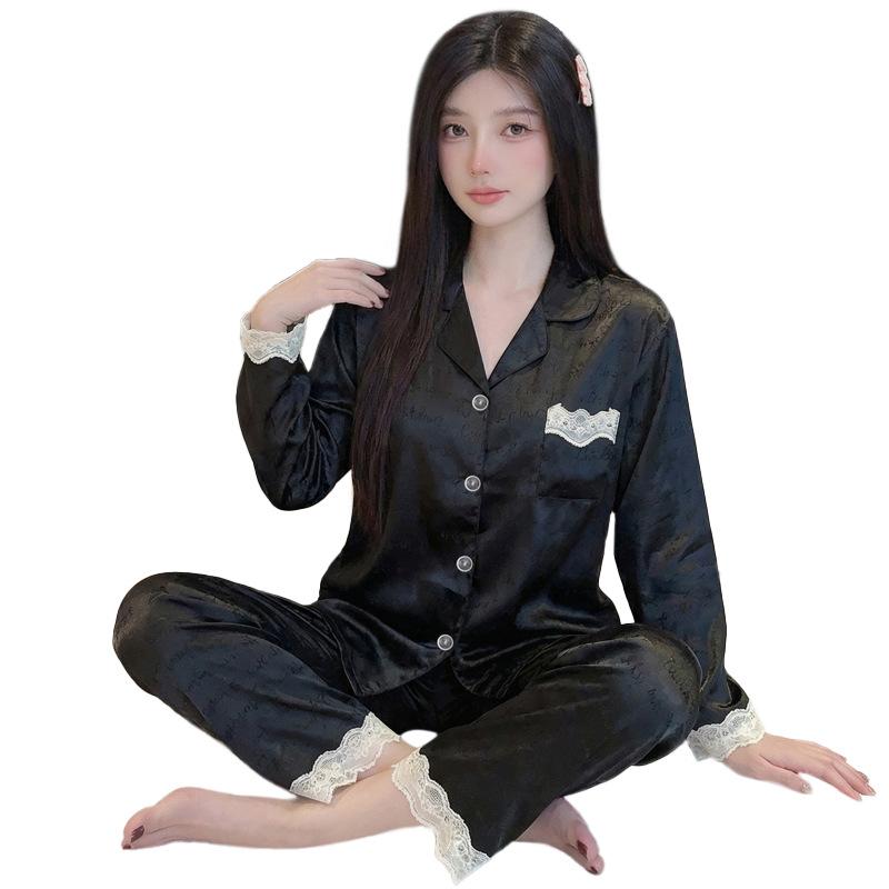 French Age-Reducing Girl Ice Silk Pajamas Women'S Jacquard High-End Long-Sleeved Trousers Spring And Summer Thin Loungewear