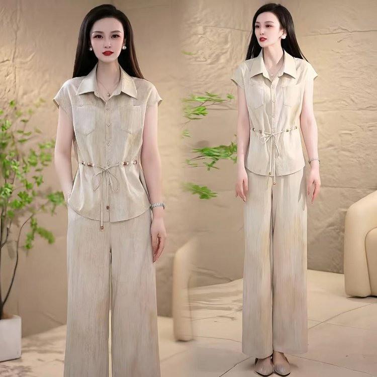 Chic Waist-Cinching Short-Sleeve Top & Wide-Leg Pants Set for Women - Elegant Summer Style