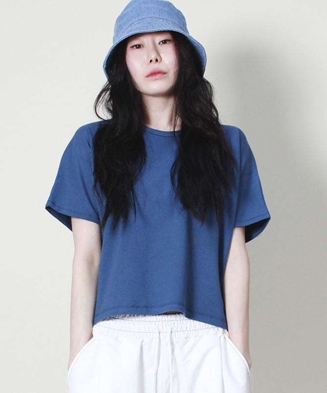 Deumakeu Solid Semi-Crop French Half-Sleeve T-Shirt Blue
