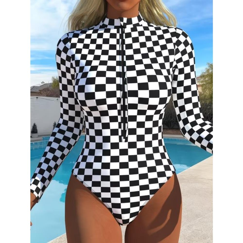 Women Long Sleeve One Piece Swimsuit Zip Front  Ink Wash Diffusion  Print Rash Guard Surfing Bathing Suit