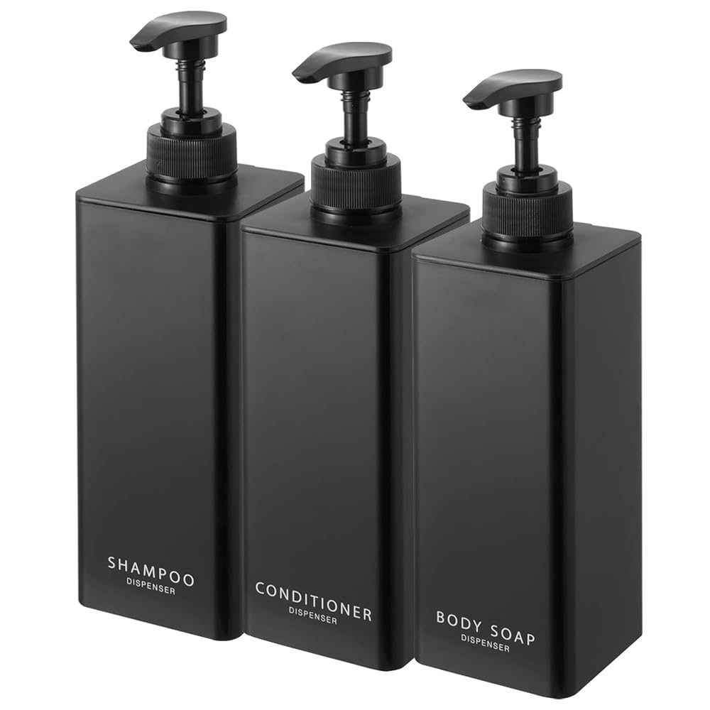 Yamazaki Tower Dispenser with Generous Detergent Dispenser for and Body Soap of Refillable and 1543 Shampoo, Conditioner, (Set 3) Bottles, Black,