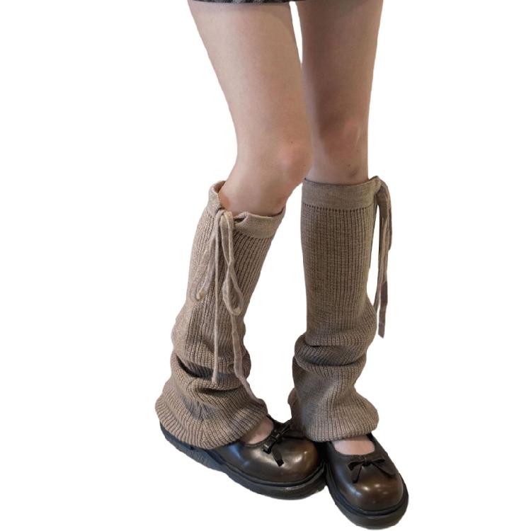 Thickened Leg Warmers with Ties Drawstring for Women Ribbed Knit Vertical Striped Boot Covers Socks for Outdoor Activity