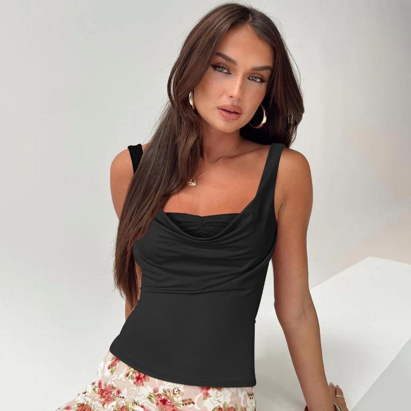 

Women s Sleeveless Sexy U-neck Summer Tank Top Y2K Fashion Elegant Hot Girl Pleated Camison Casual Streetwear Slim Fit Solid Color Tops Simple Clothes L