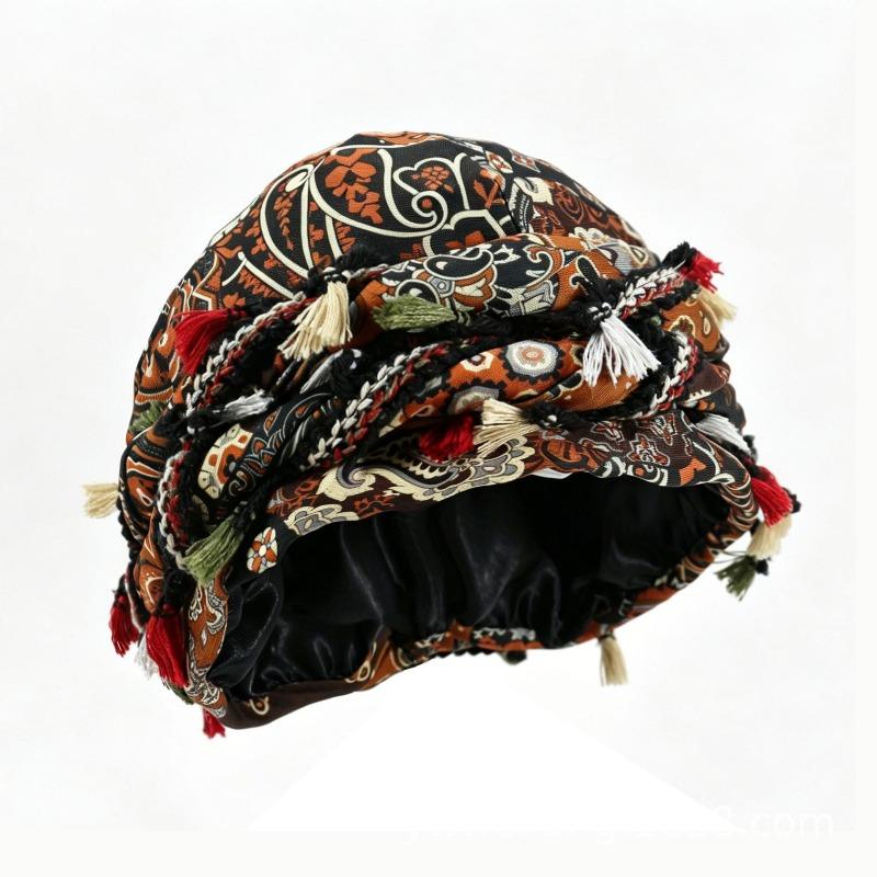 fringed headscarf hat, solid color cashew print twist tail hat, hip hop twist braided hat