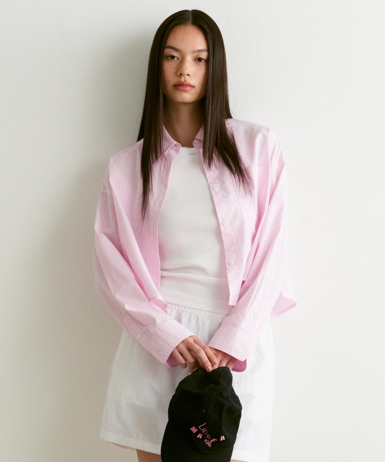 Musinsa Standard Woman Women S Striped Oversized Crop Poplin Shirt [Pink] Pink/Xs