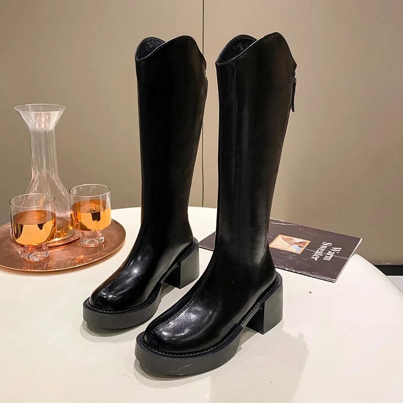 

Обувь для женщин 2024Новая мода остроносые толстые каблуки женские сапоги до колена зимние теплые бежевые длинные сапоги Zapatos De Mujer 35 чёрный