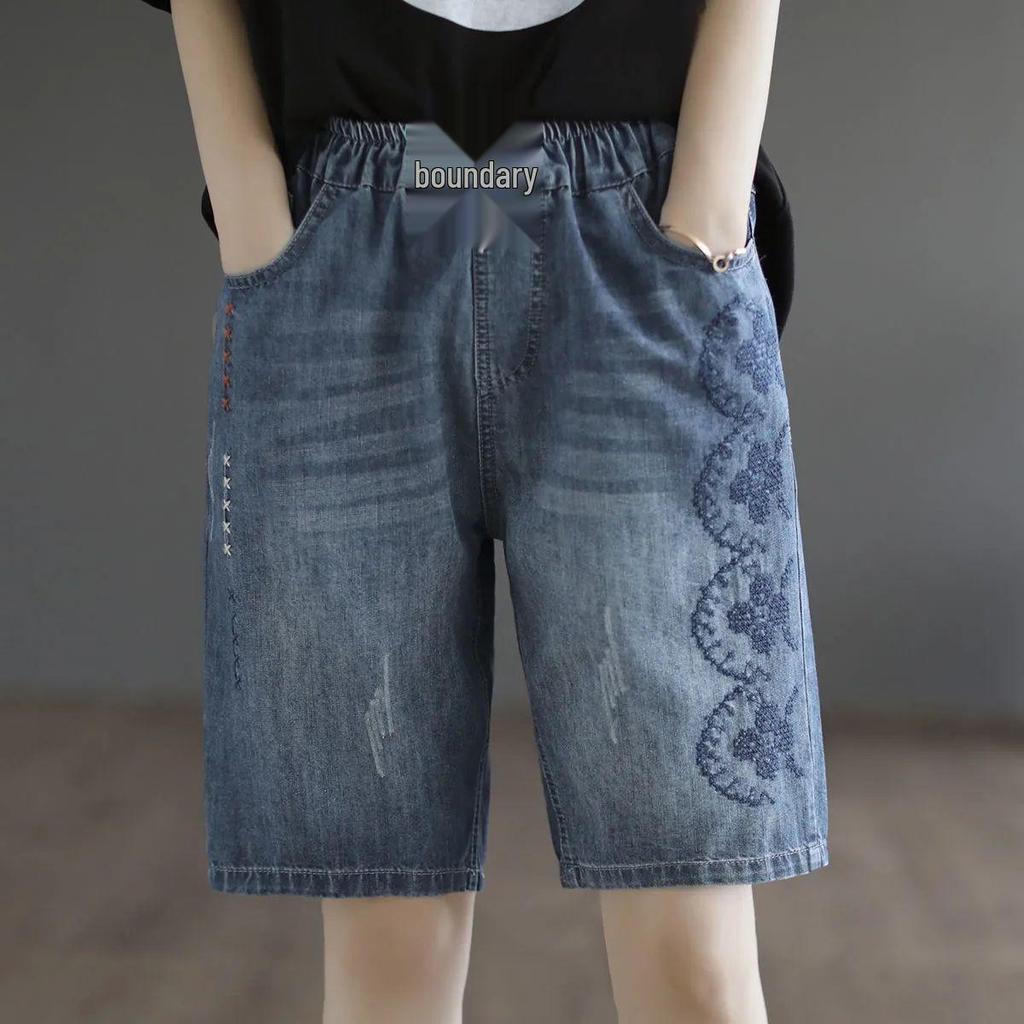 Damen Retro Stickerei Elastischer Bund Schnürung Denim Shorts - Große Größen, Fünf-Punkt Gerades Bein, Sommer 2026 Kollektion.