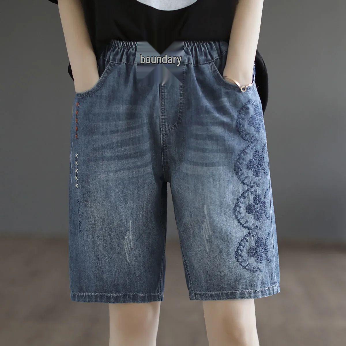 

Women s Retro Embroidery Elastic Waist Lace-Up Denim Shorts - Plus Size, Five-Point Straight Leg, Summer 2026 Collection. M recommended for 40-50 kg синий