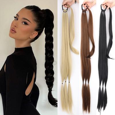 Synthetic Long Braided Ponytail Hair Extension with Elastic Band Natural Black Brown Hairpiece for Women