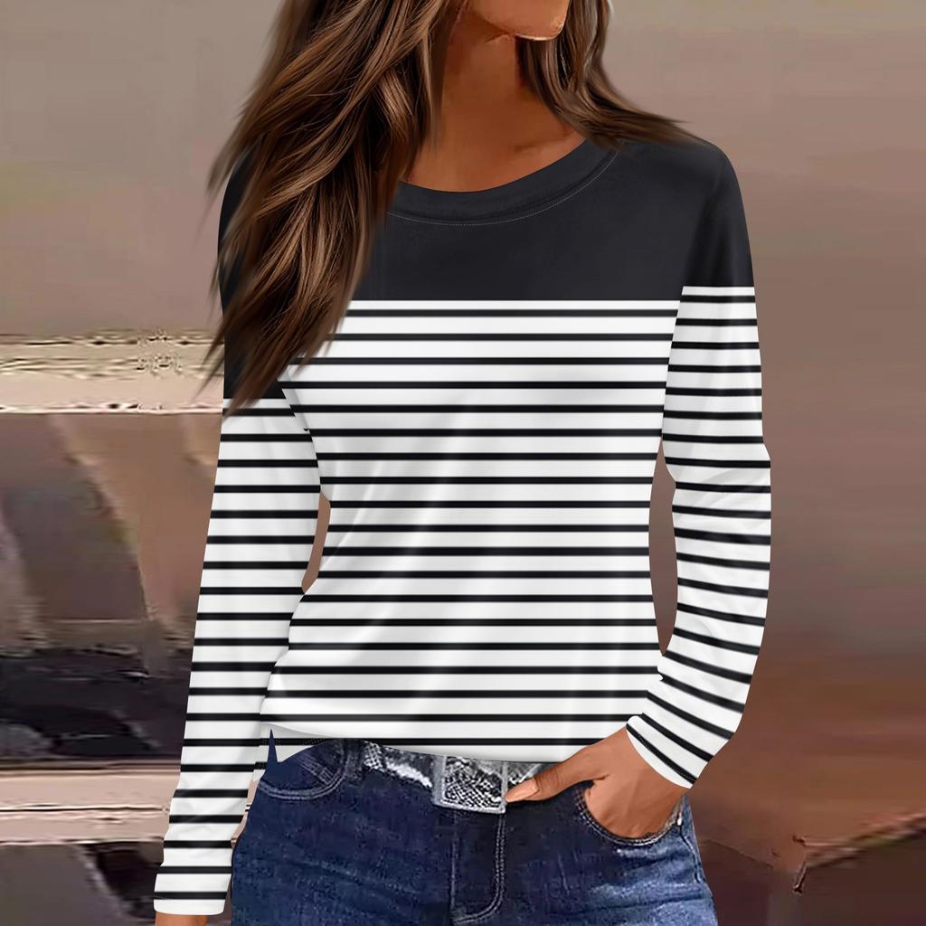 Women's Fashion Casual Slit Hem Round Neck Long Sleeve Loose  Printed T-Shirt Ladies Top