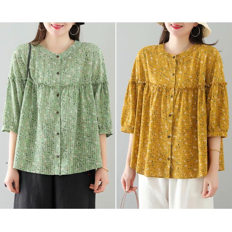 Spring/Summer Floral Shirt Women's Seven Sleeve Large Casual Loose Women's Stand Collar Top Women's Shirt