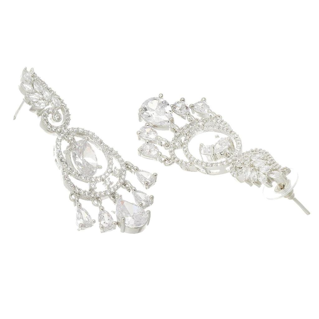 Rhodium-Plated American Diamond Studded Oval & Leaf Shaped Drop Earrings For Girls and Women